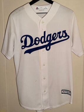 Majestic Dodgers White & Blue Button-Up Jersey with Blue Script Size S/M